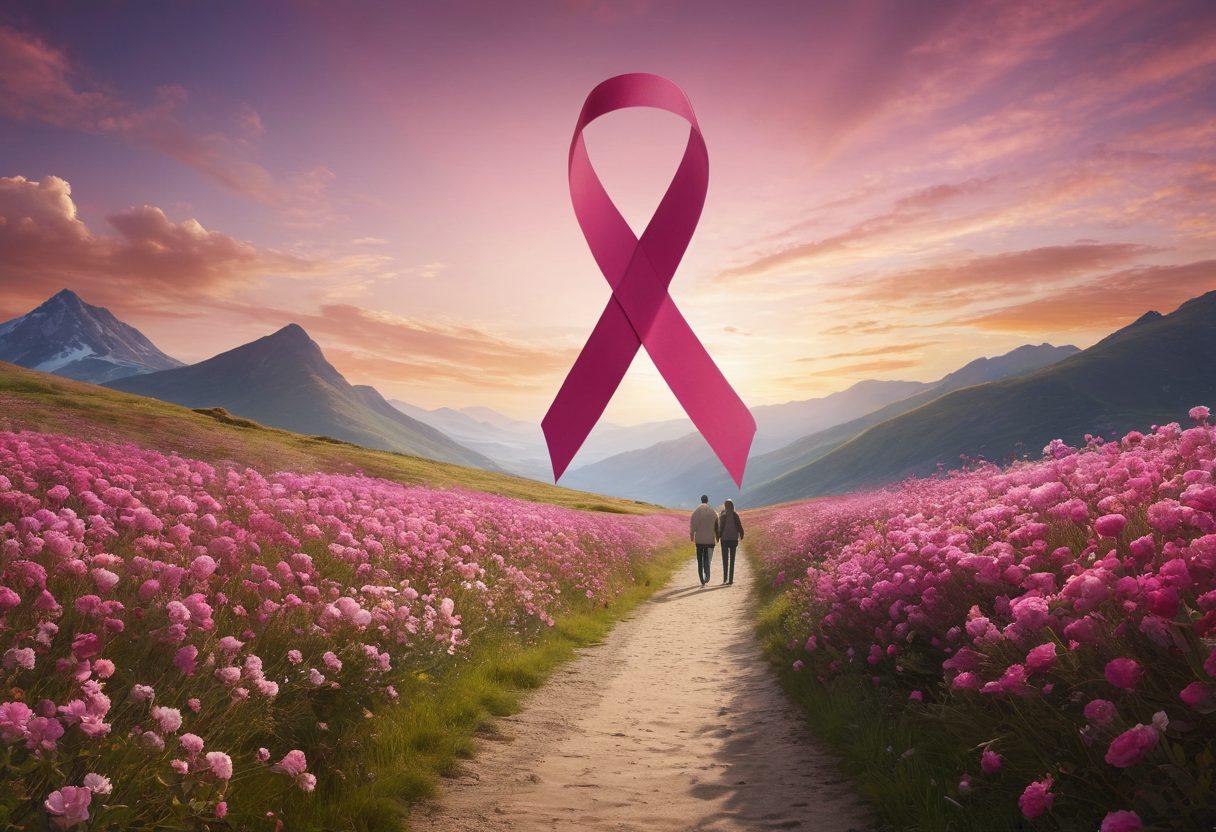 A serene landscape depicting a path lined with blooming flowers symbolizing hope and resilience, with silhouettes of diverse individuals walking together toward a bright horizon. Include symbolic elements like a pink ribbon, awareness posters, and healing hands intertwined in the foreground. The atmosphere should evoke warmth and positivity, reflecting the journey from diagnosis to survivorship. super-realistic. vibrant colors. soft lighting.