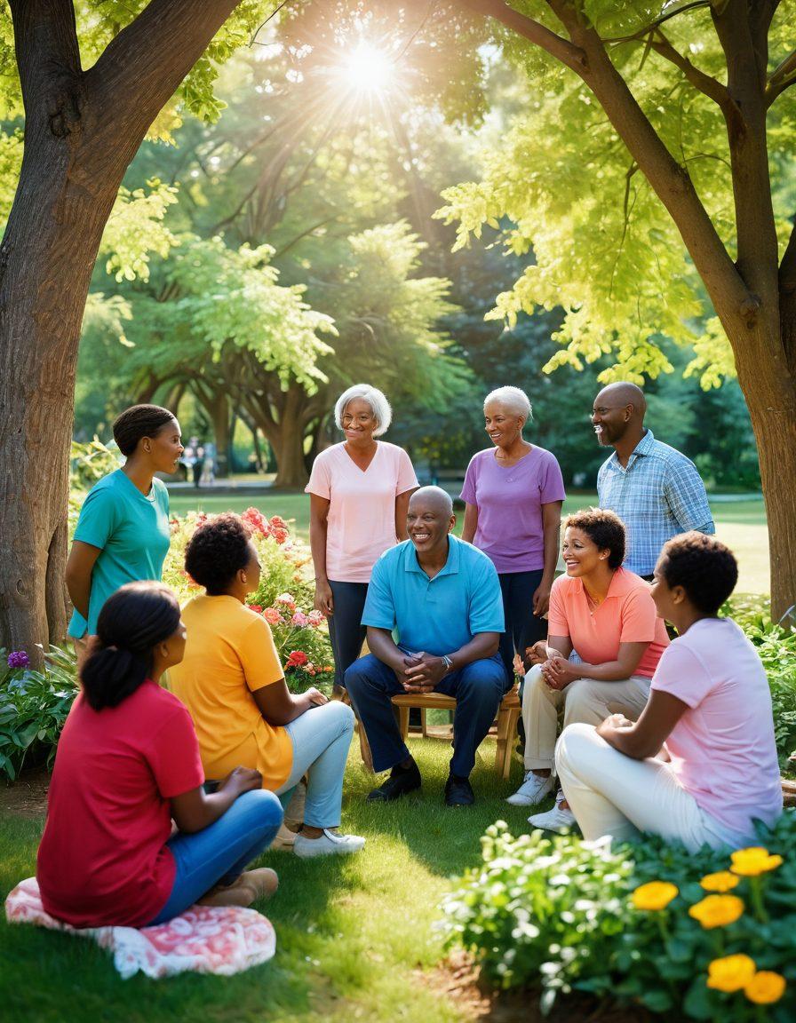 A hopeful scene depicting a group of diverse individuals, including a cancer survivor, an educator, and a support group, gathered in a serene park, engaged in a lively discussion. Colorful flowers bloom around them, symbolizing growth and resilience, as rays of sunlight break through the trees, casting a warm glow. Emphasize expressions of support, understanding, and empowerment on their faces. super-realistic. vibrant colors. nature backdrop.